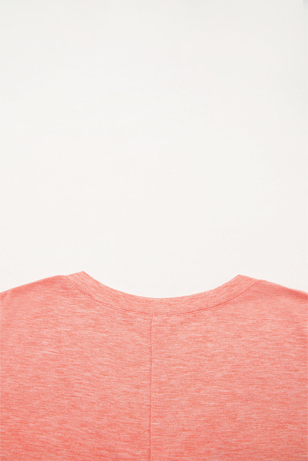 Fresh Salmon Floral Patched V Neck Long Sleeve Top