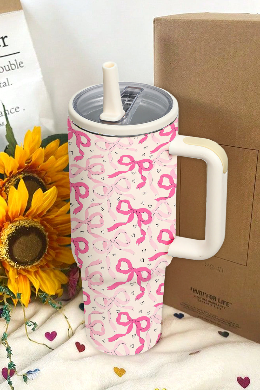 Bright Pink Bow Heart Print Tumbler Cup