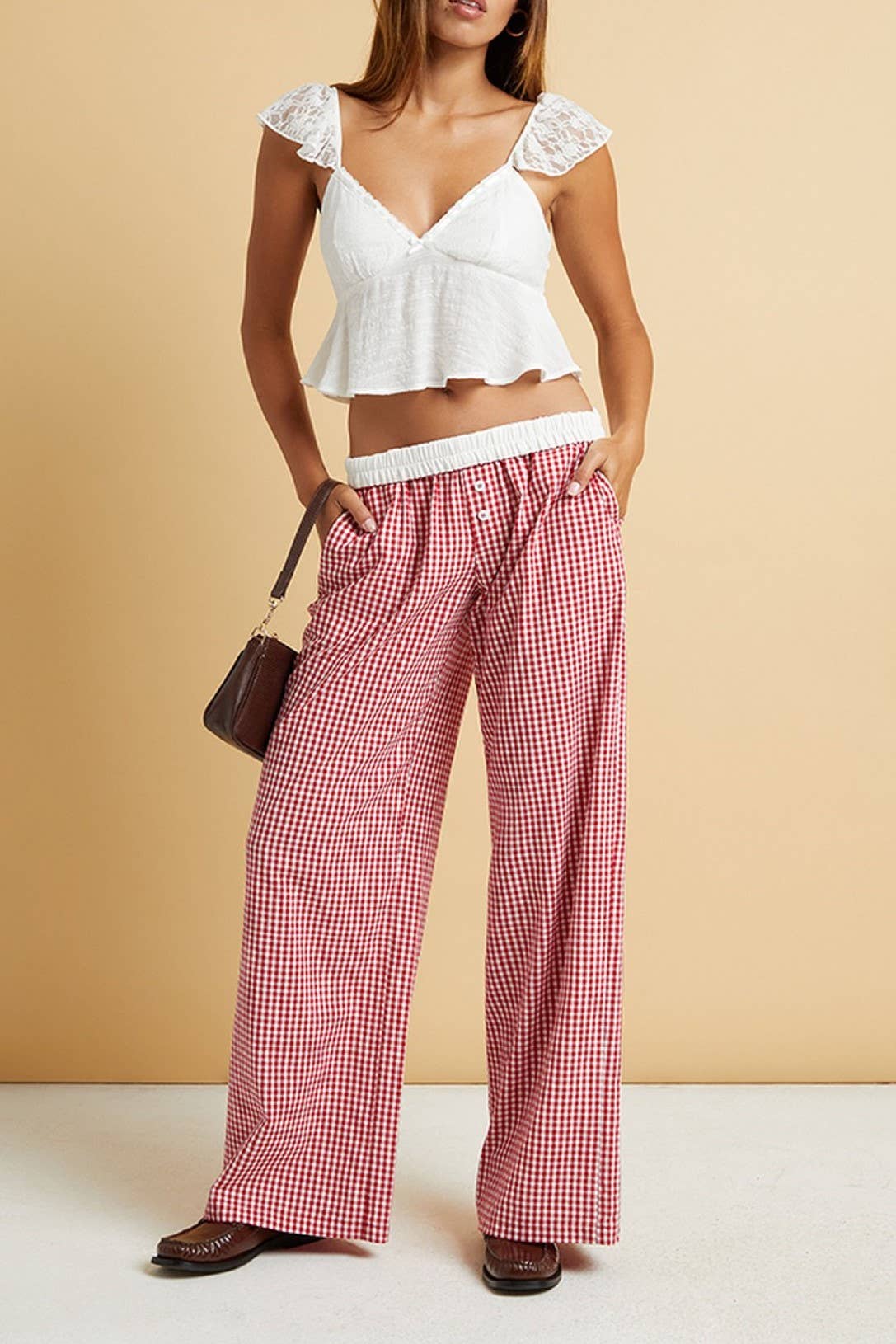 Easy daily patchwork gingham wide leg pants