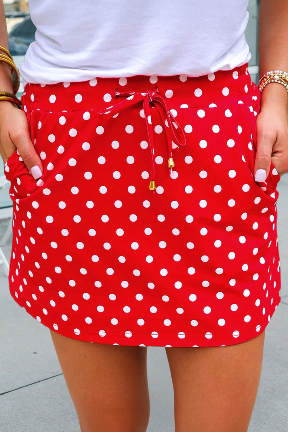 Spring/Summer Polka Dot Drawstring Skort with Pockets (S-XL)