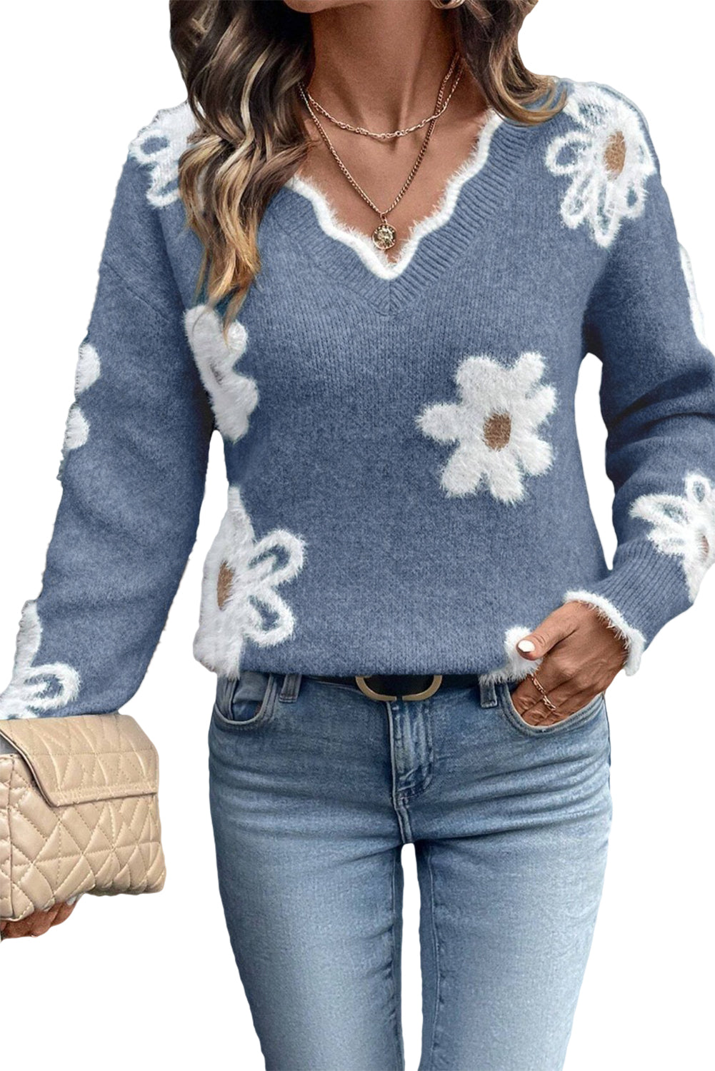 Seagrass Jacquard Floral Scallop V-neck Sweater