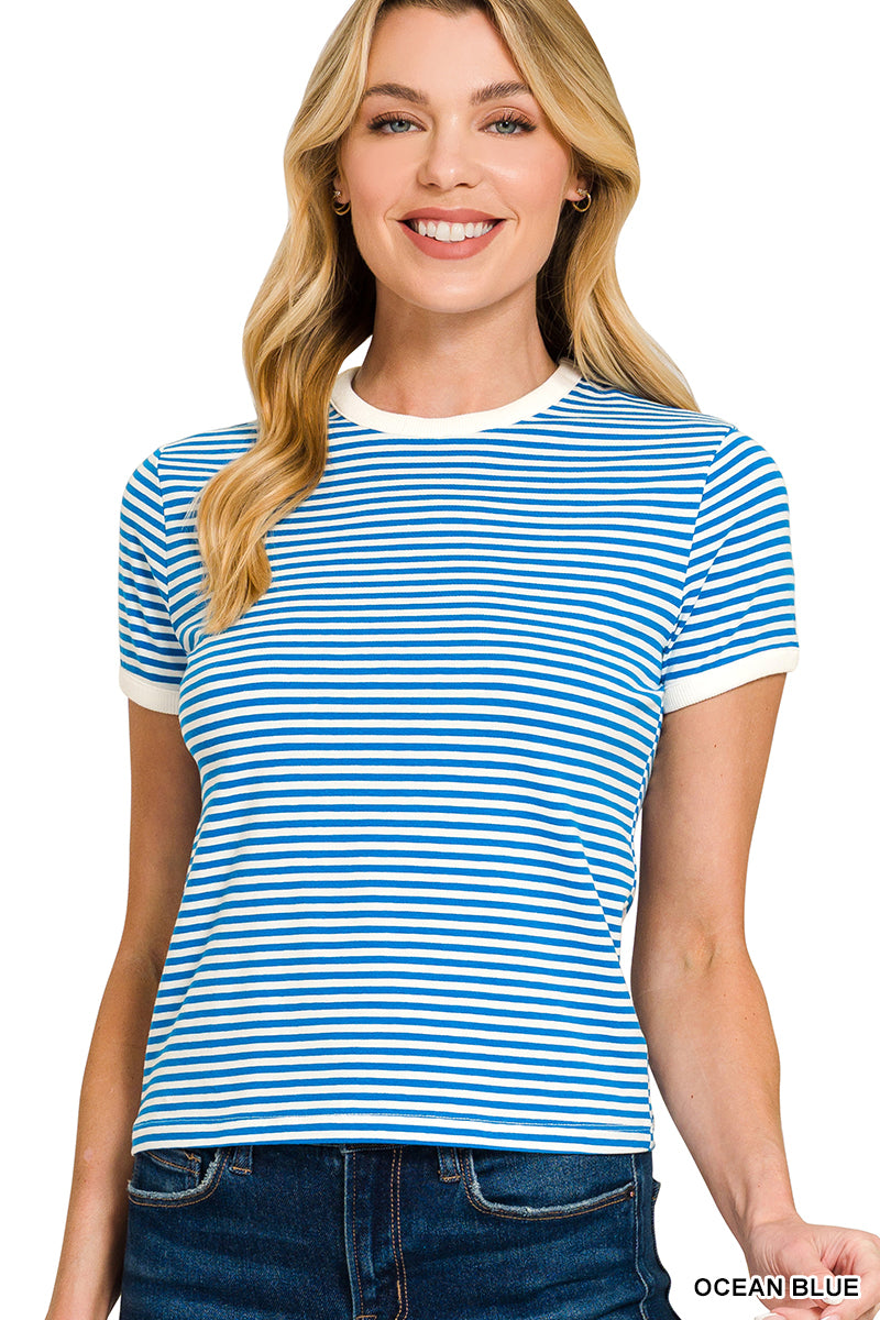 STRIPED CONTRAST TRIM TEE