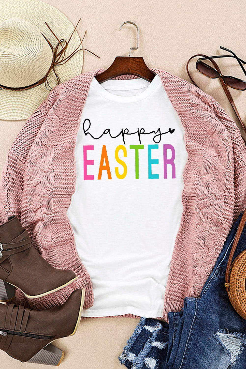 White Happy EASTER Letter Graphic Round Neck Tee