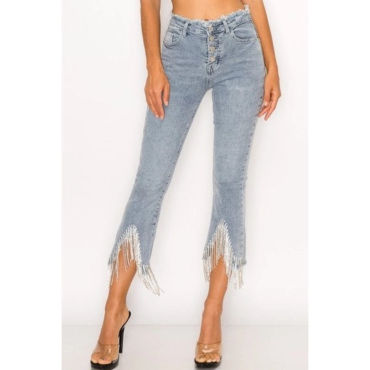 RHINESTONE FRINGE DENIM PANTS