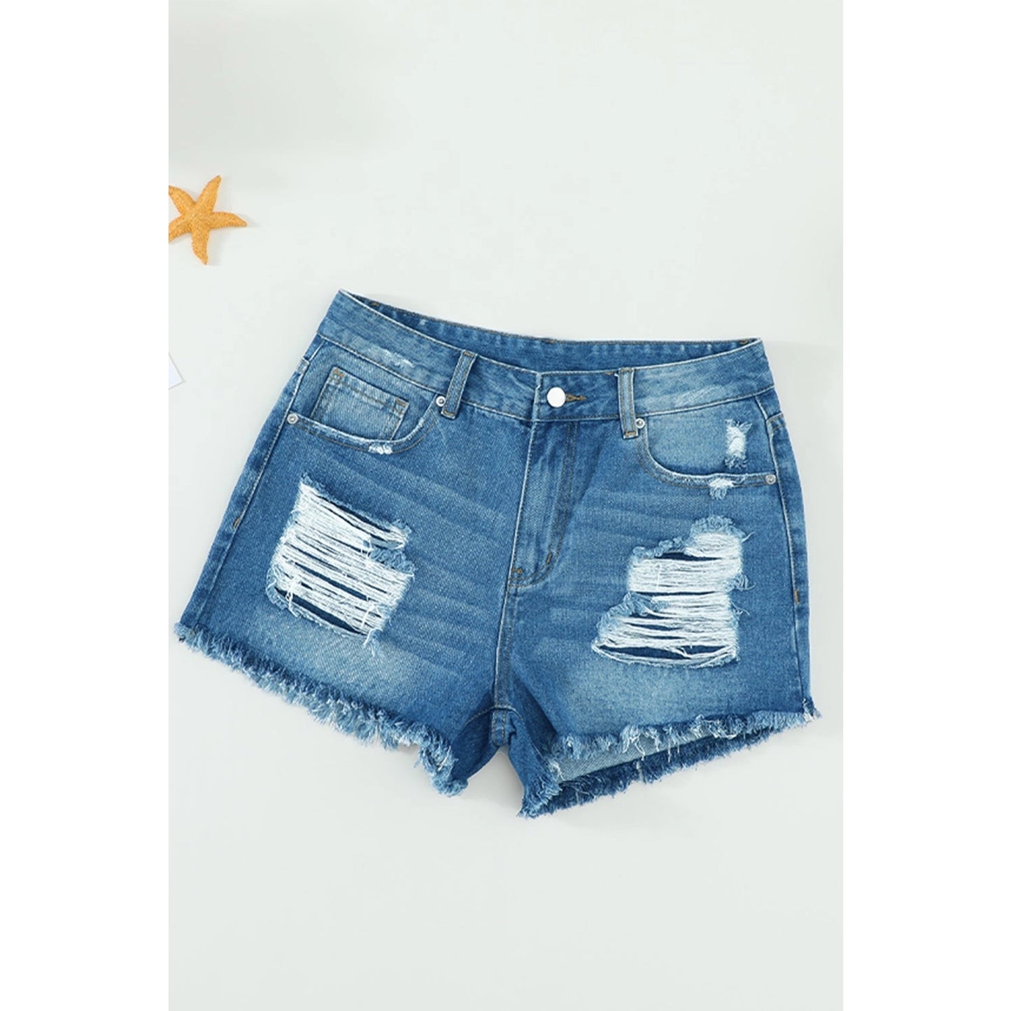 Distressed Mid Rise Frayed Hem Denim Shorts