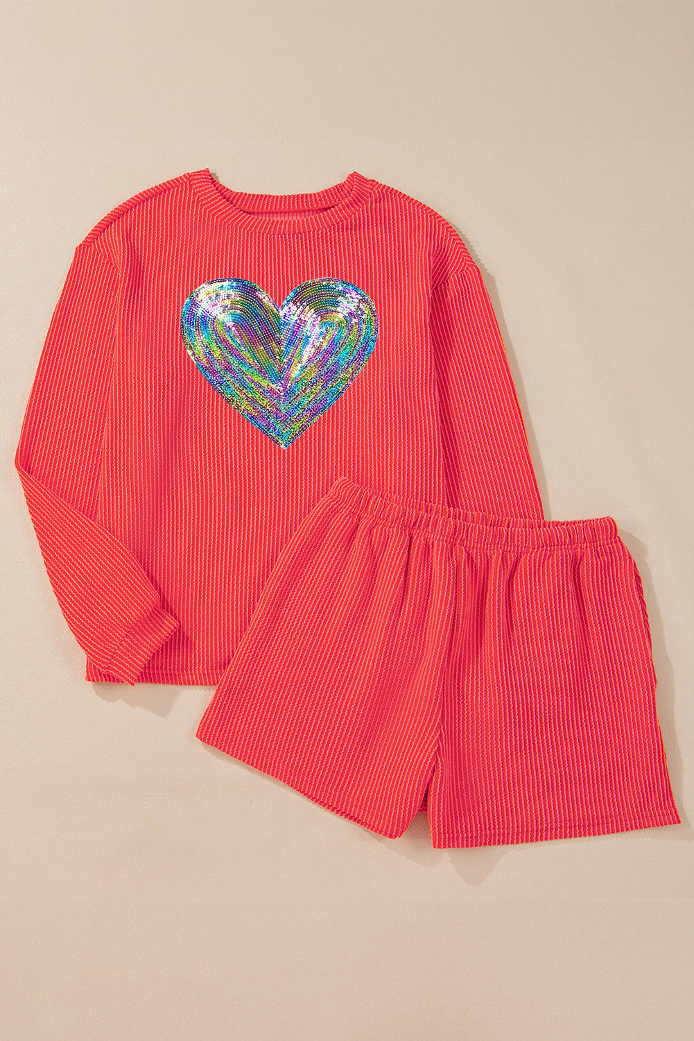 Gold Flame Solid Color Heart Graphic Long Sleeve Top and Shorts Set