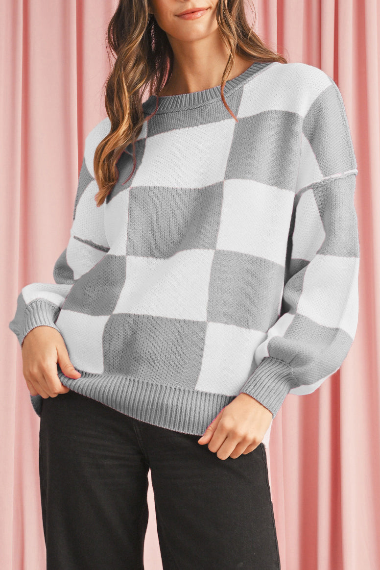 Dark Brown Plaid Bishop Sleeve Pullover Sweater