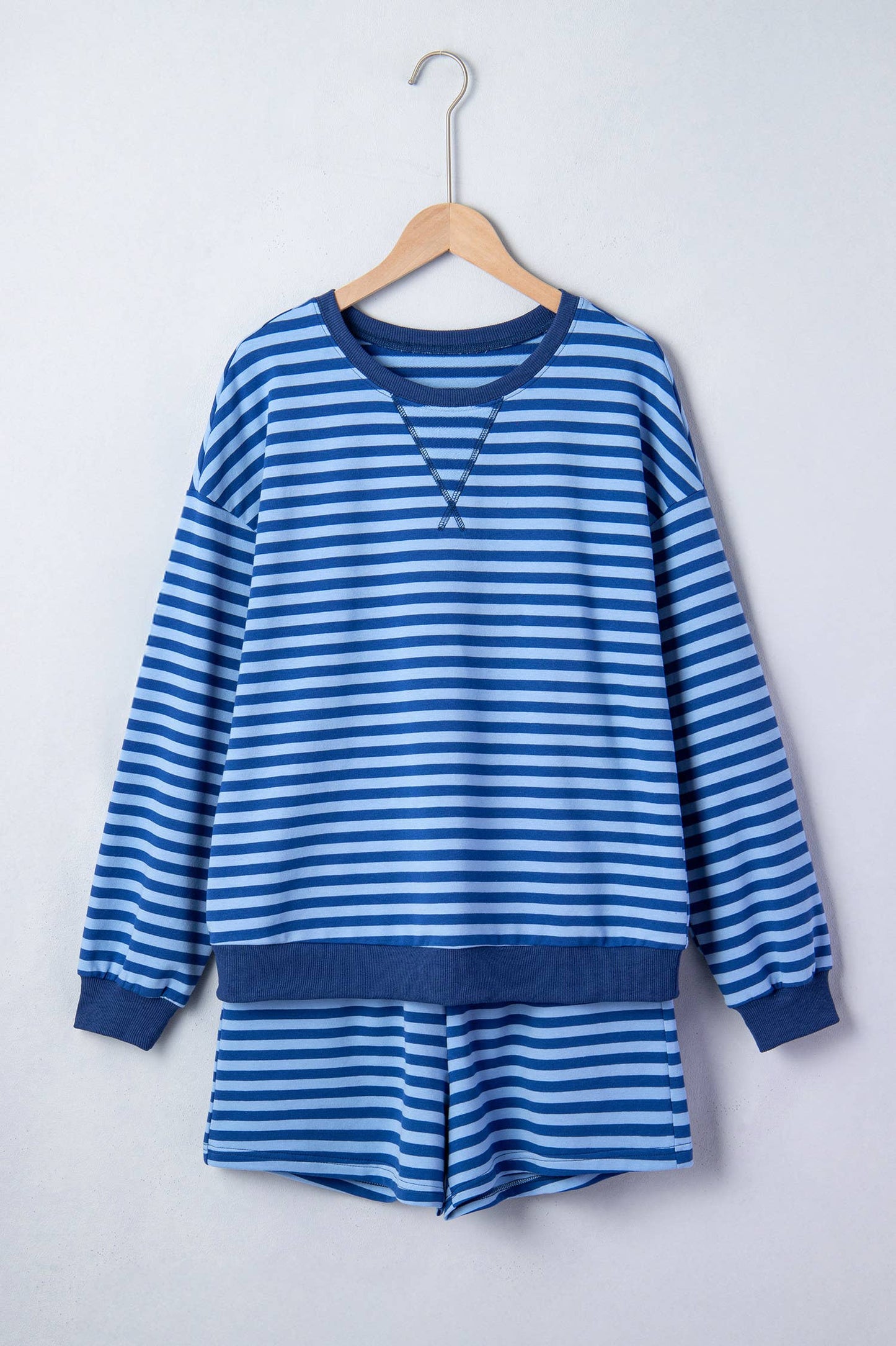 Stripe Long Sleeve Pullover Elastic Waist Shorts Set (S-XL)