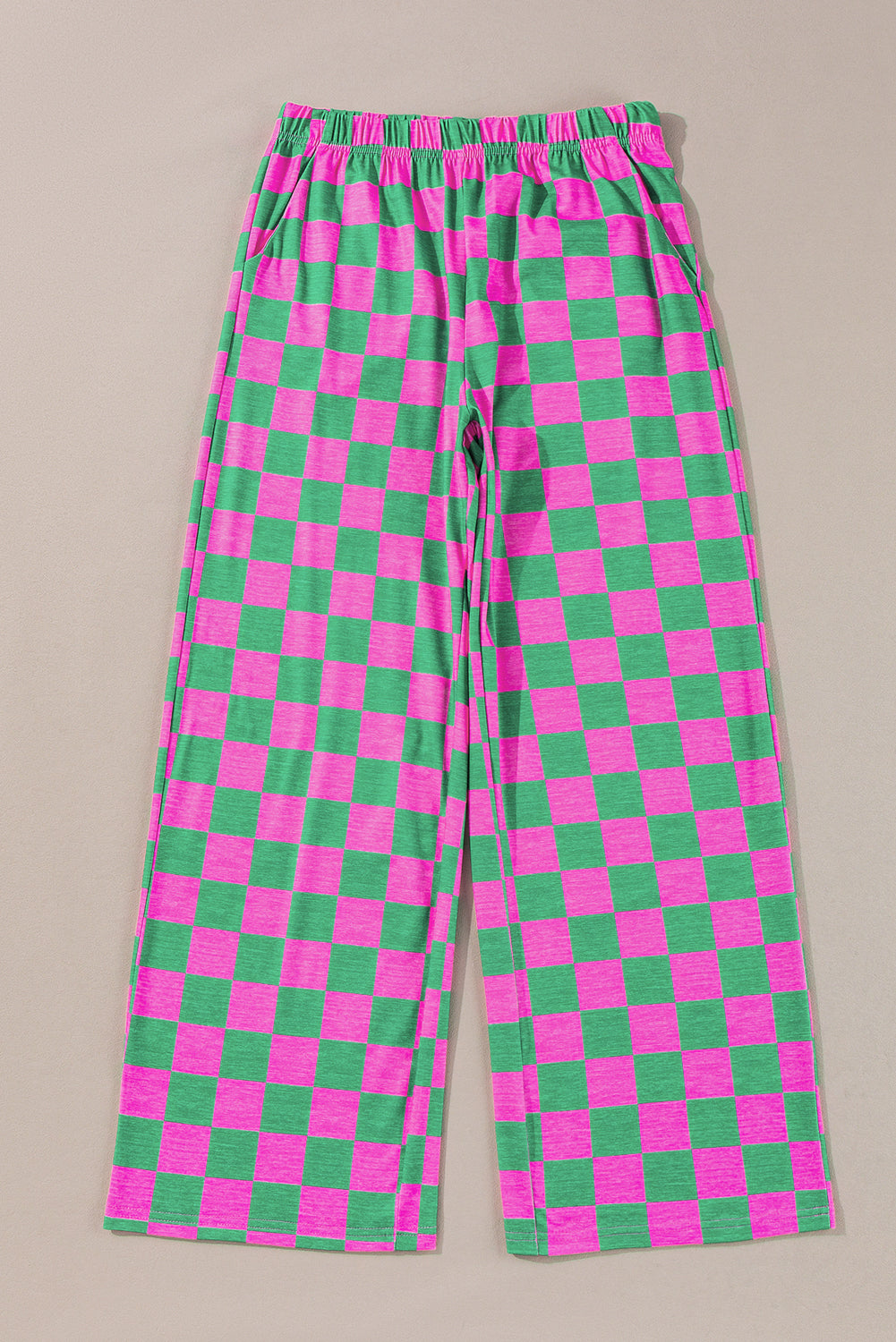 Green Checkered Print High Waist Wide Leg Pants