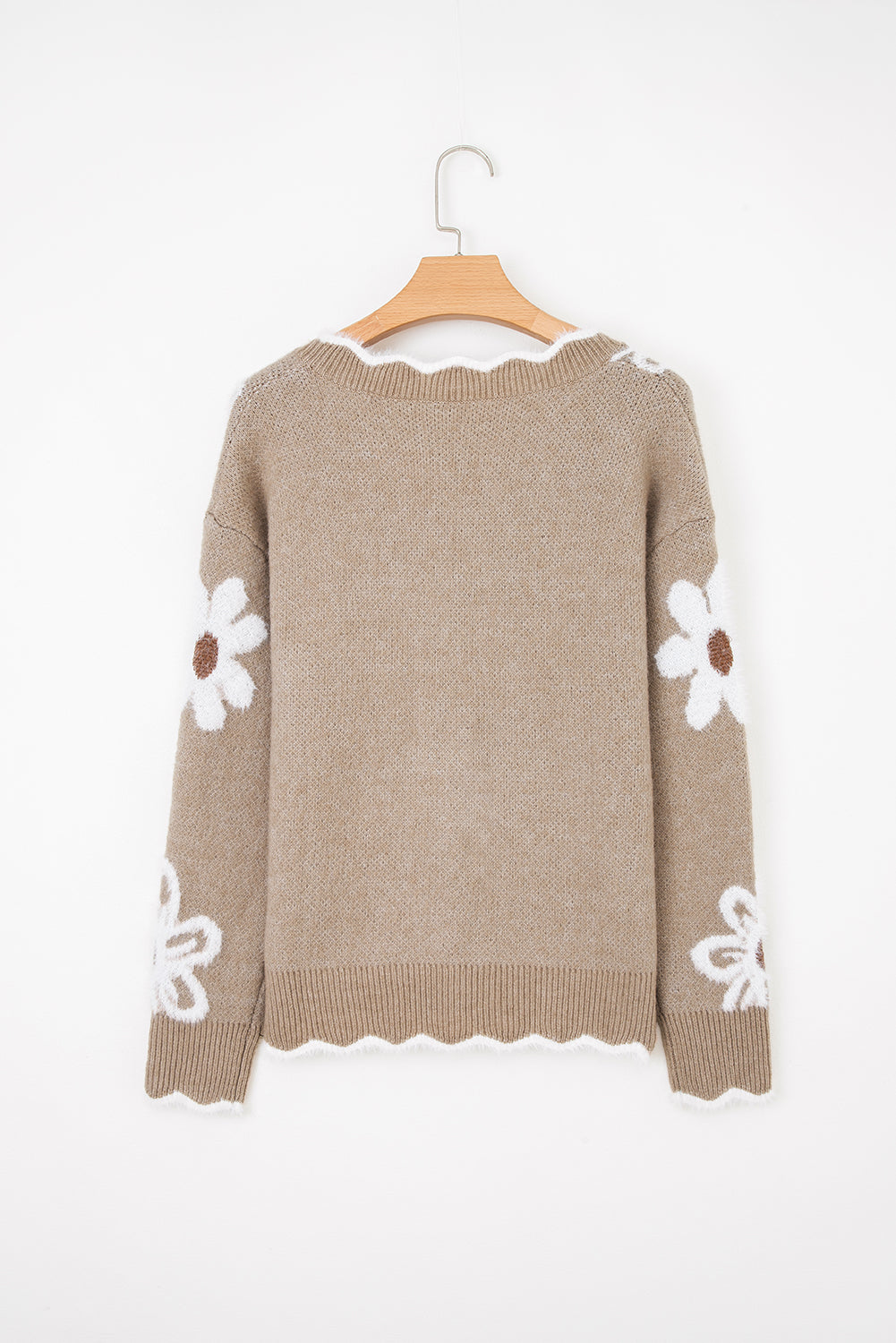 Seagrass Jacquard Floral Scallop V-neck Sweater