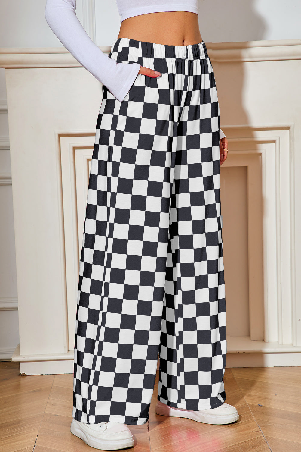 Green Checkered Print High Waist Wide Leg Pants