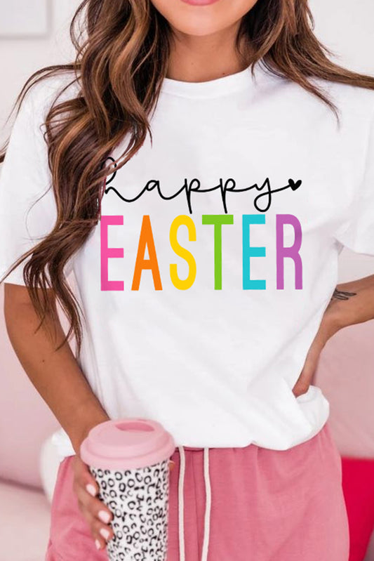 White Happy EASTER Letter Graphic Round Neck Tee