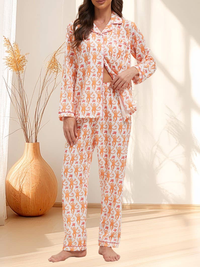 Cute Comfy Monkey Print Long Sleeve Pajama Set