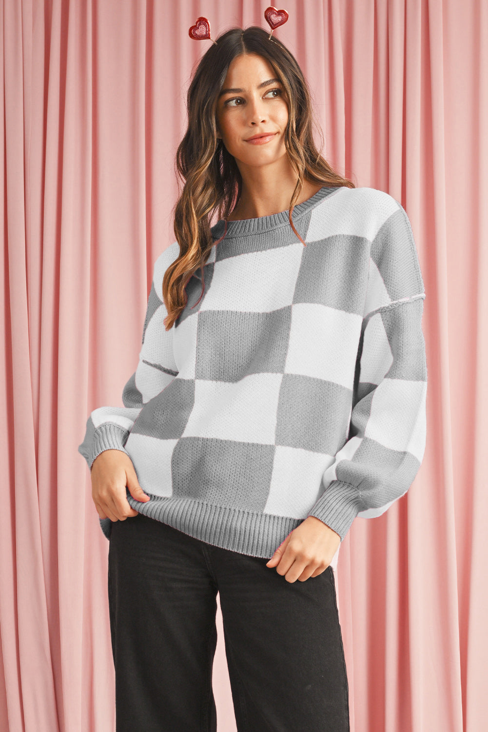 Dark Brown Plaid Bishop Sleeve Pullover Sweater