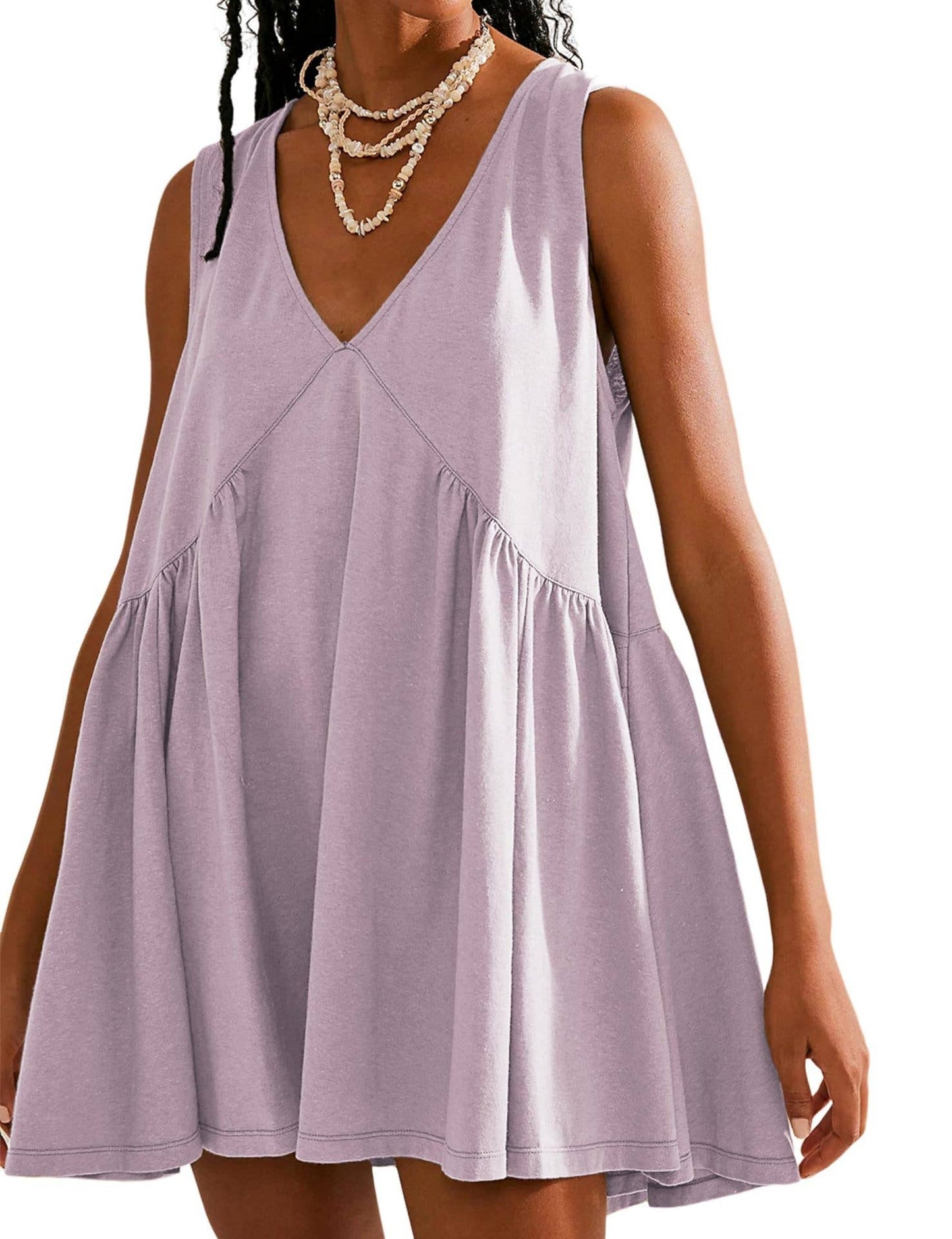 Summer V-Neck Pleated Sleeveless Vest Dress