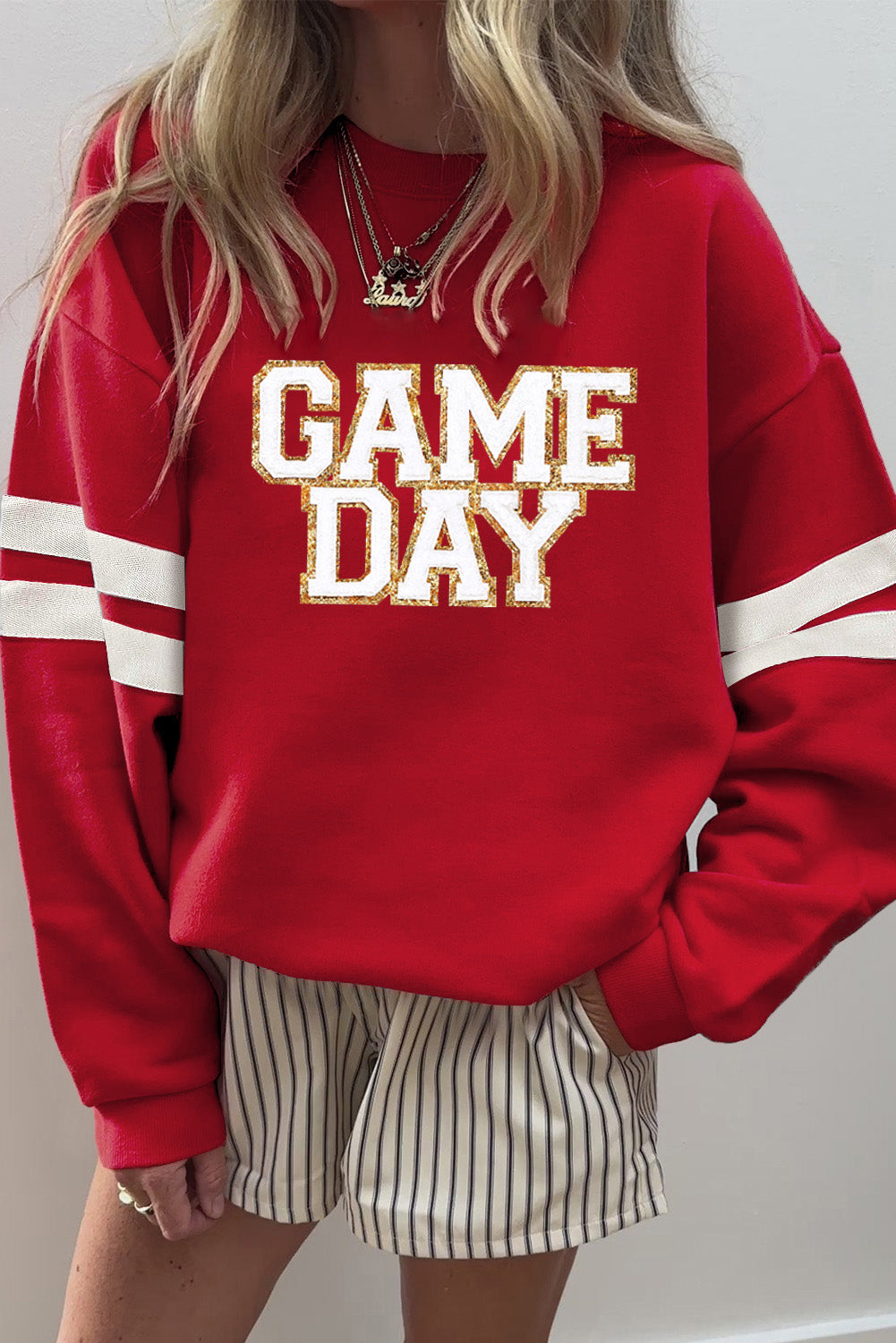 Fiery Red GAME DAY Striped Drop Shoulder Oversized Sweatshirt