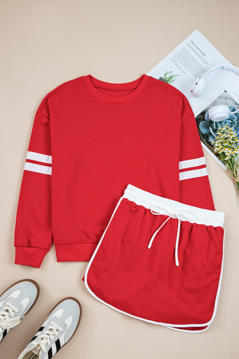 Sky Blue Varsity Stripe Detail Drop Shoulder Pullover Mini Skort Set