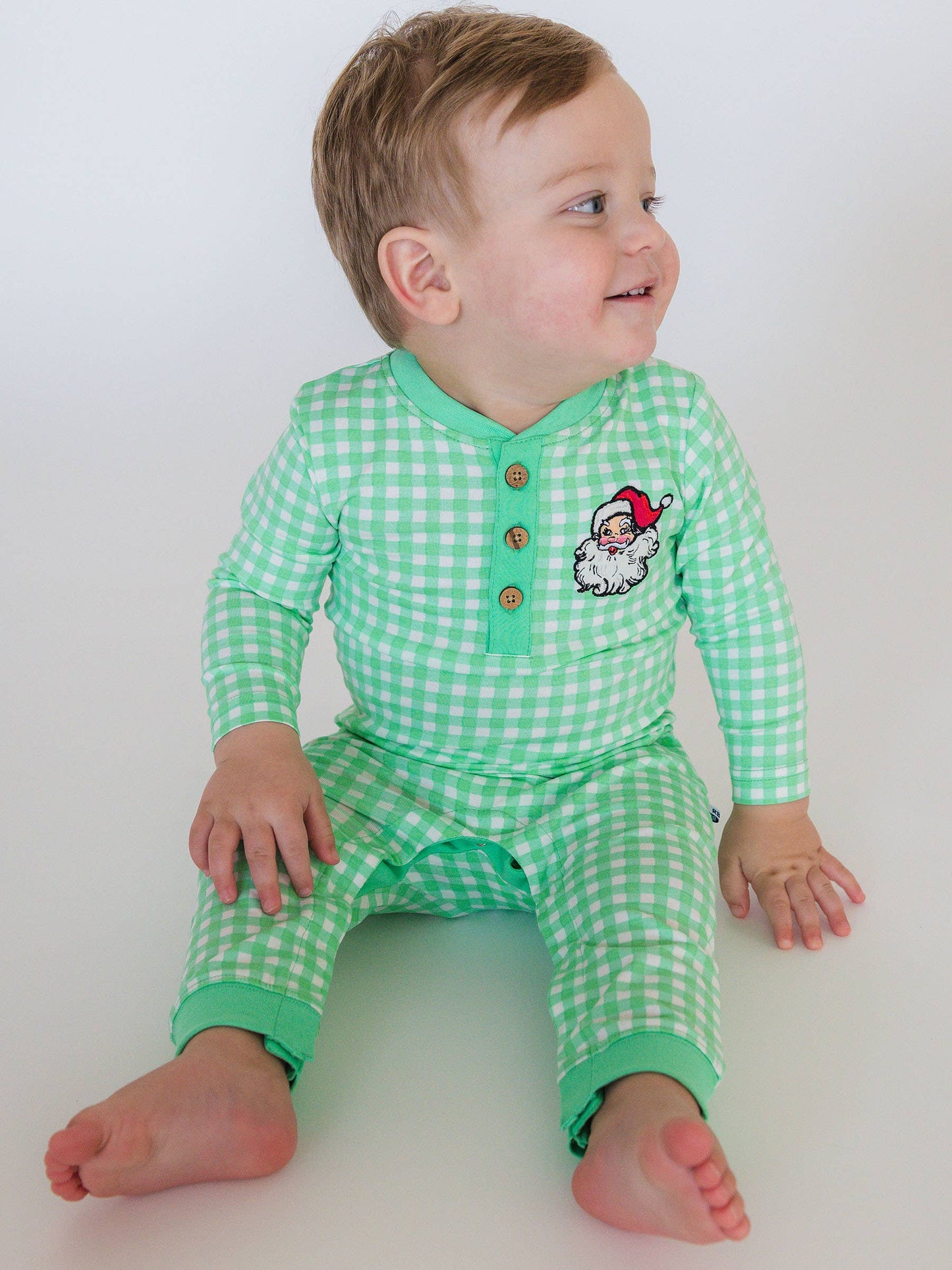 Baby Boys Dear Santa Green Gingham Knit Embroidered Henley Romper