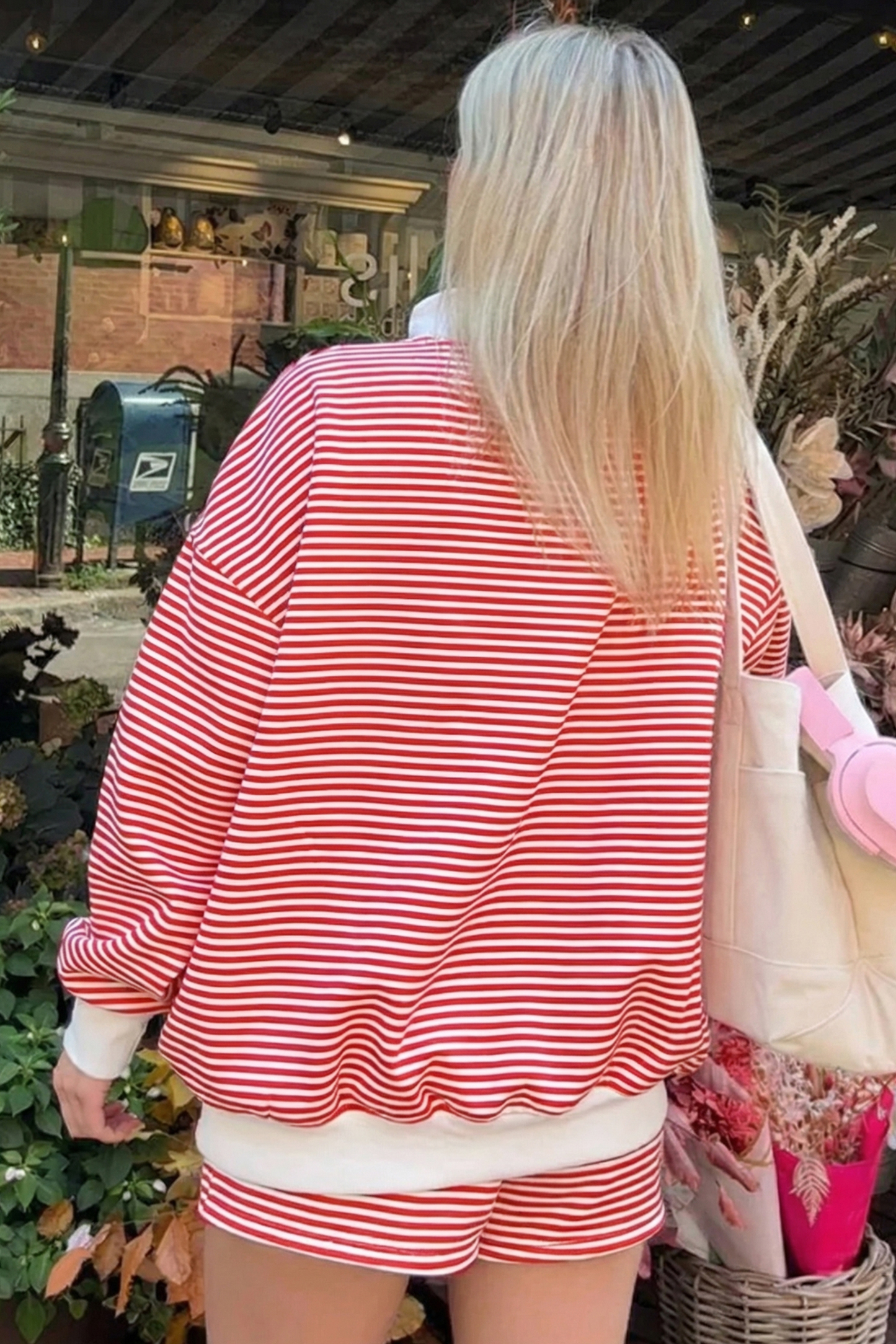 66Stripe Oversize Mock Neck Sweatshirt and Shorts Set (S-XL)