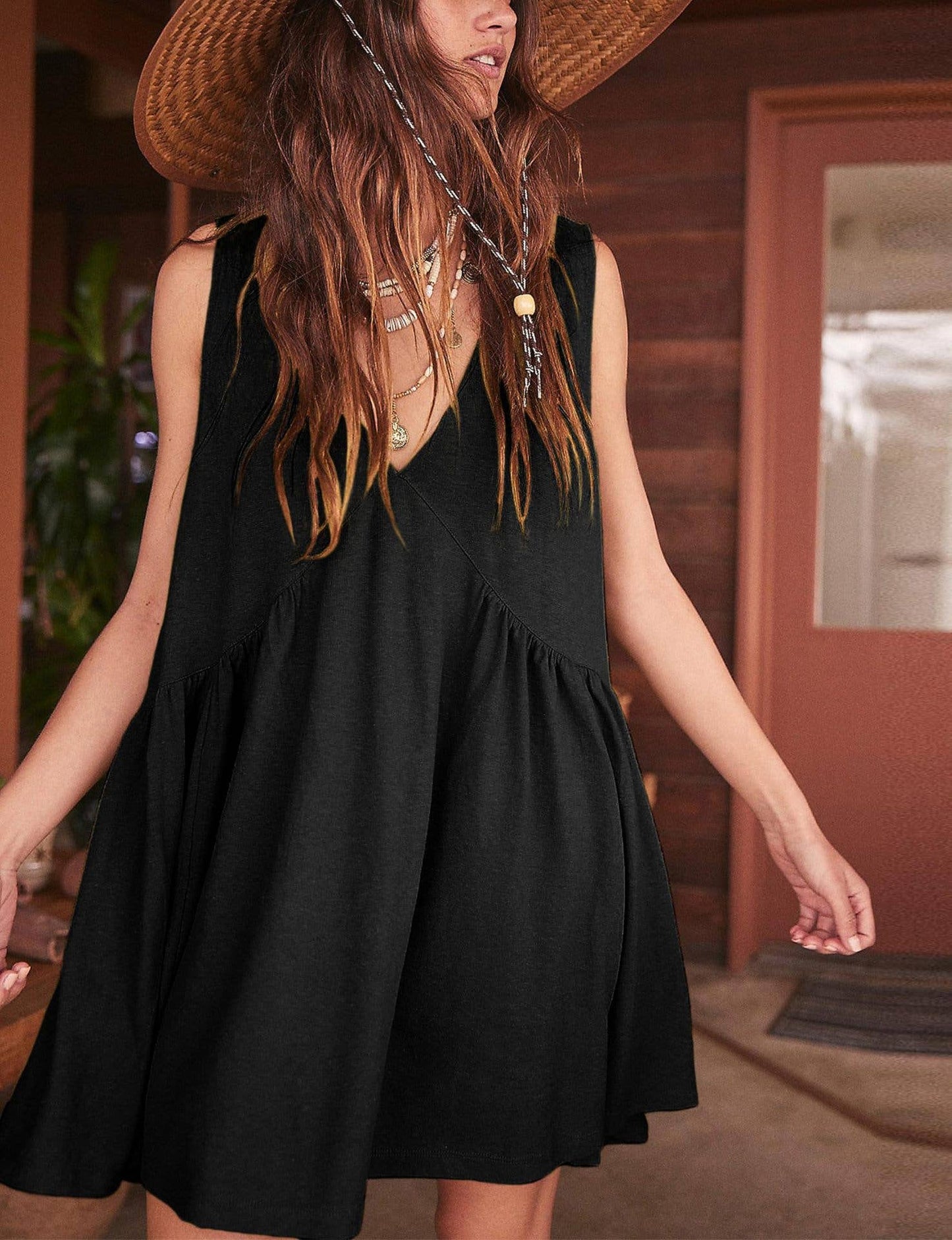 Summer V-Neck Pleated Sleeveless Vest Dress