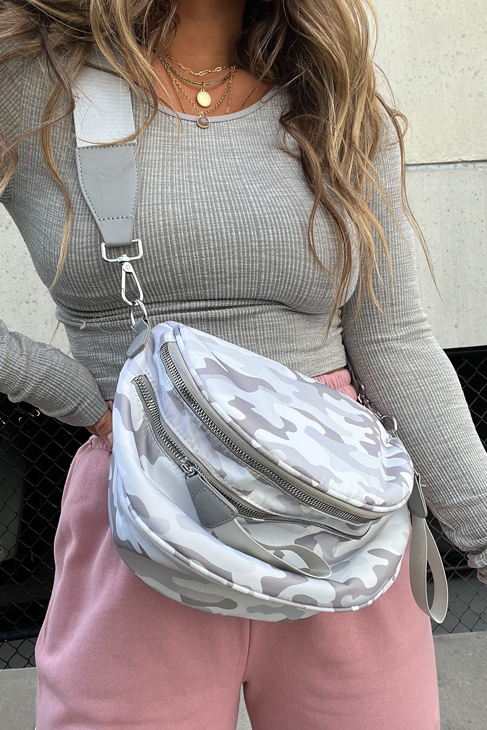 Light Grey Camouflage Print Double Zipper Crossbody Bag