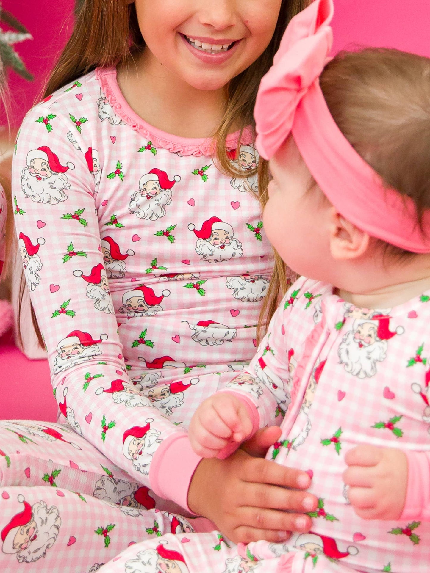 SoftSnooze™ Girls Bamboo Viscose Pink Dear Santa Ruffle Long Sleeve Pajama Set