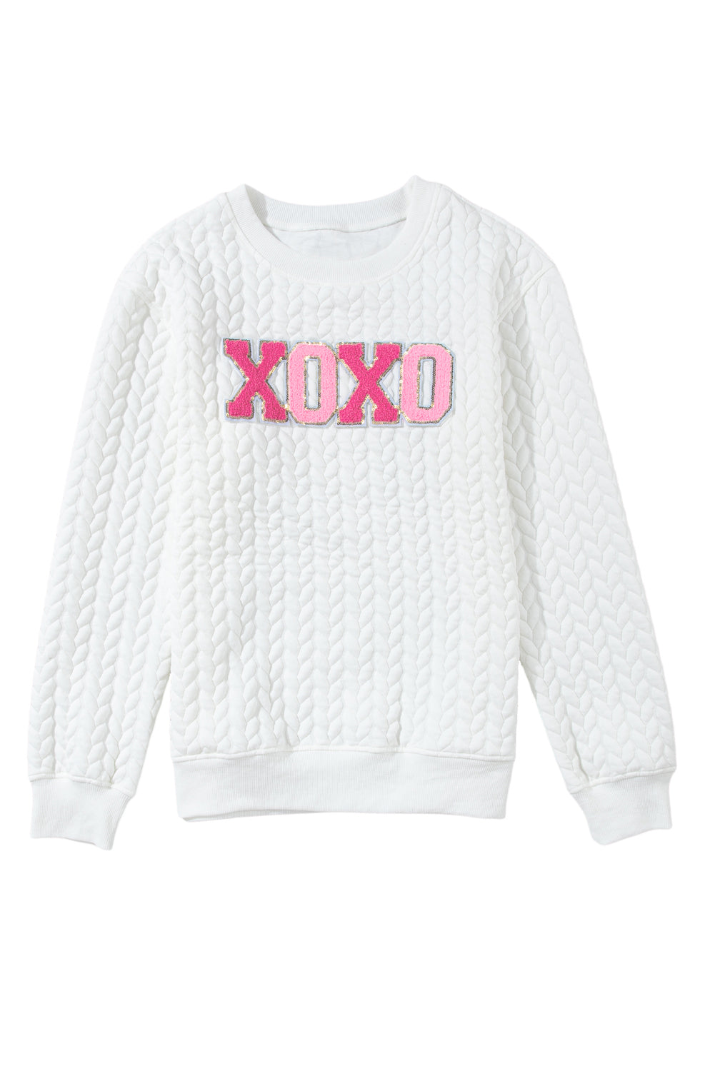 White XOXO Chenille Letter Patch Quilted Sweatshirt