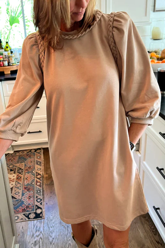 Light French Beige Twist Braided Embellished Puff Sleeve Dress
