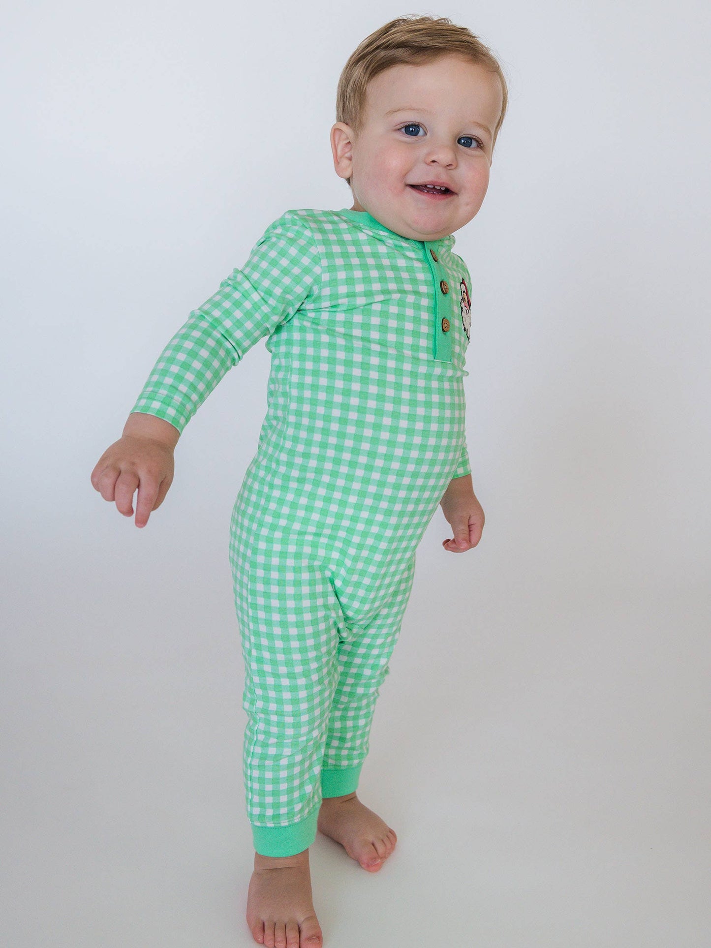 Baby Boys Dear Santa Green Gingham Knit Embroidered Henley Romper