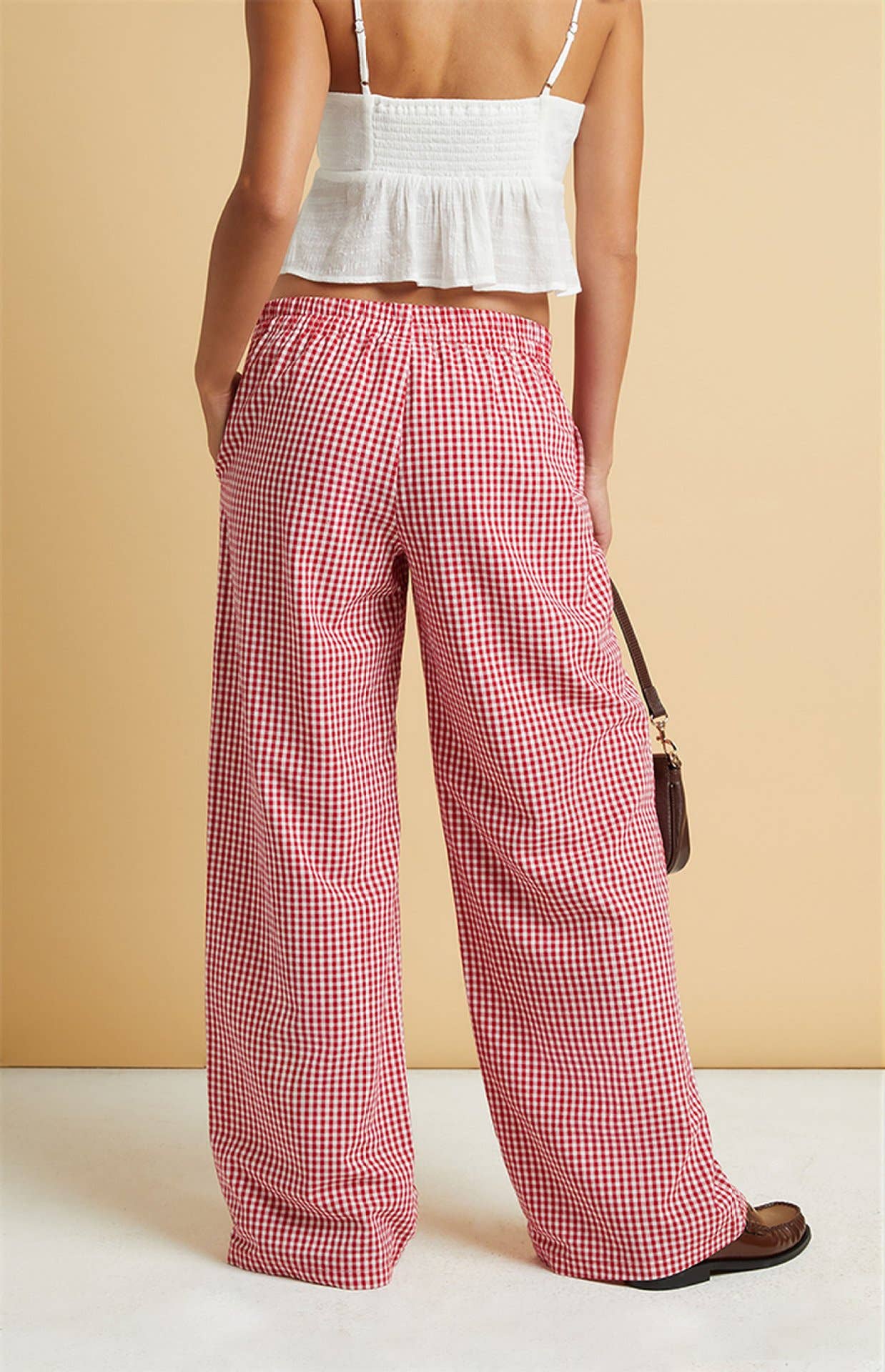 Easy daily patchwork gingham wide leg pants