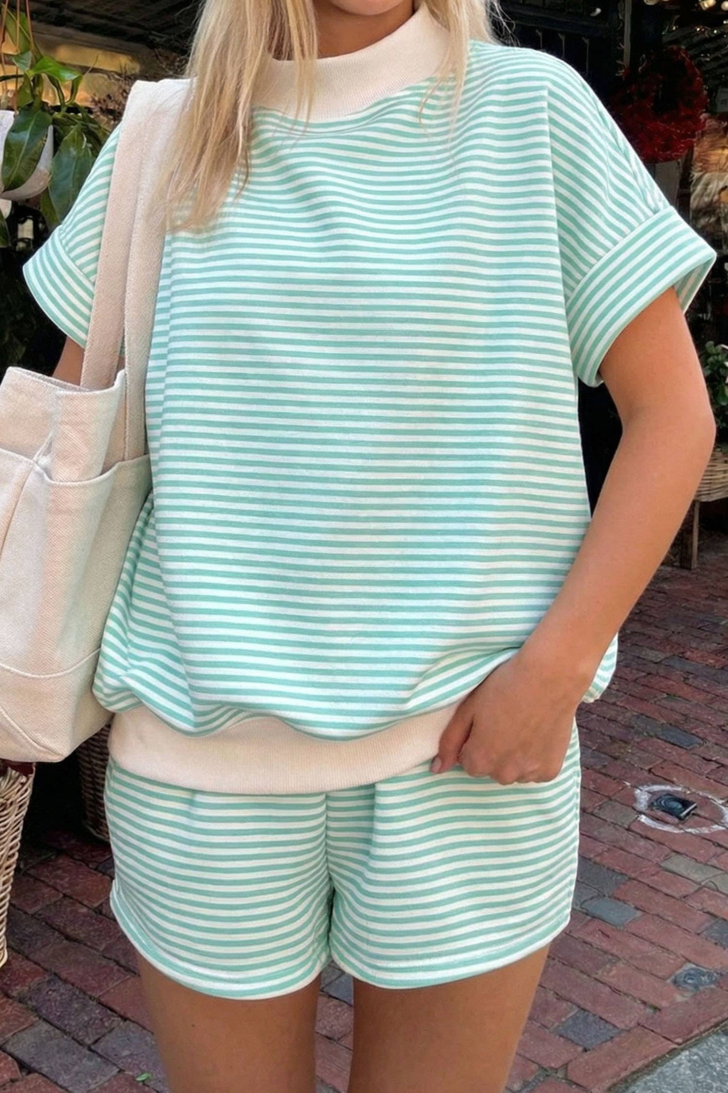 66Stripe Oversize Mock Neck Sweatshirt and Shorts Set (S-XL)