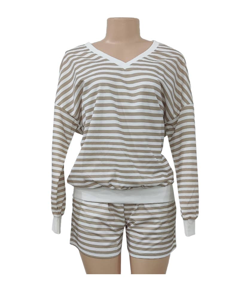Striped V-Neck Oversized Sweatshirt Shorts Set