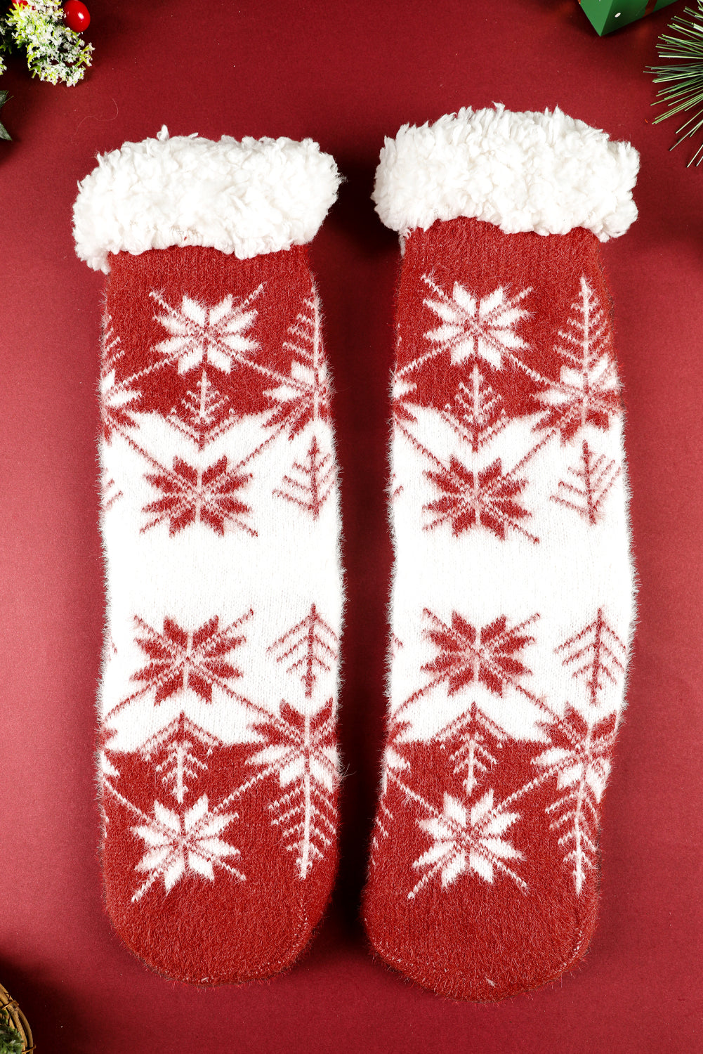 Fiery Red Christmas Snowflake Fuzzy Non-Slip Socks