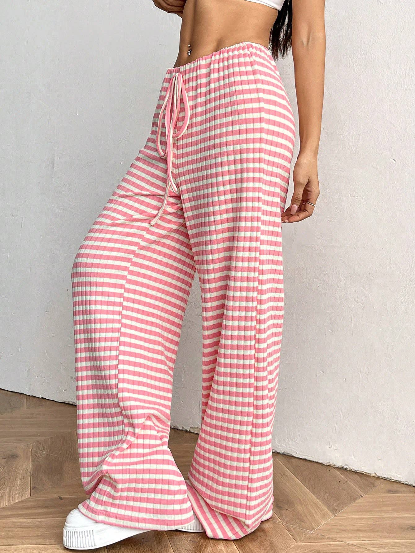 Casual Striped Elastic Drawstring Straight-Leg Pants