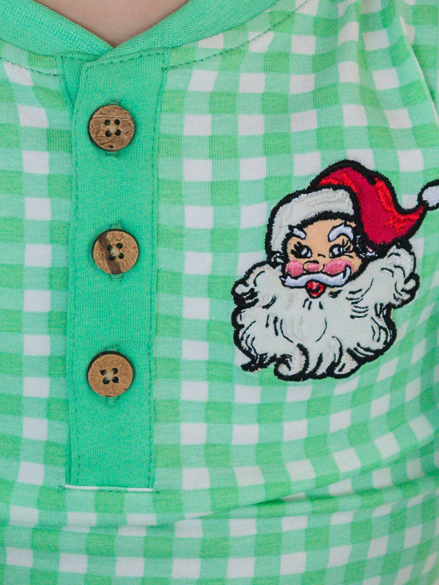 Baby Boys Dear Santa Green Gingham Knit Embroidered Henley Romper