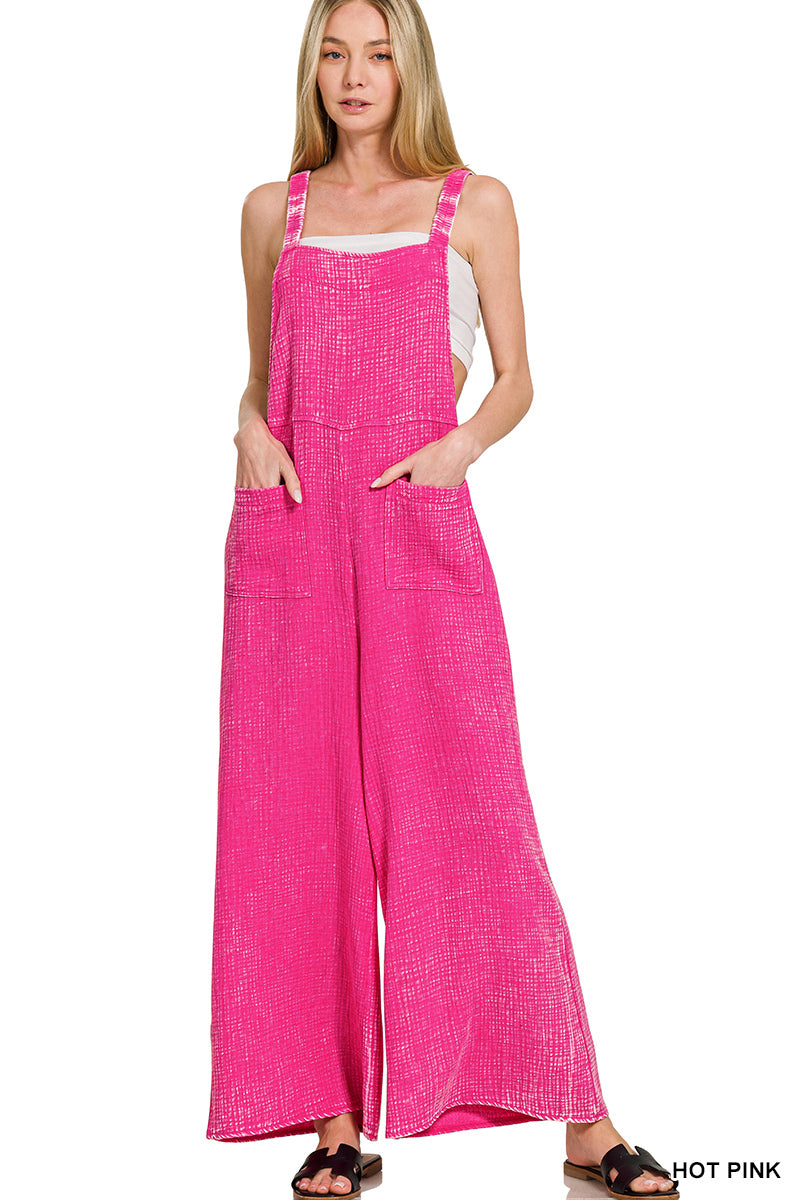 Gauze Elastic Waist Wide Overalls