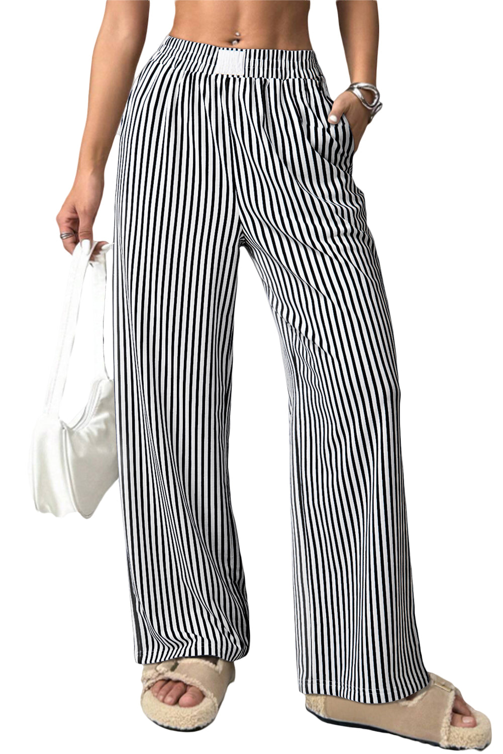 Brown Striped Elastic Waistband Pocketed Loose Pants