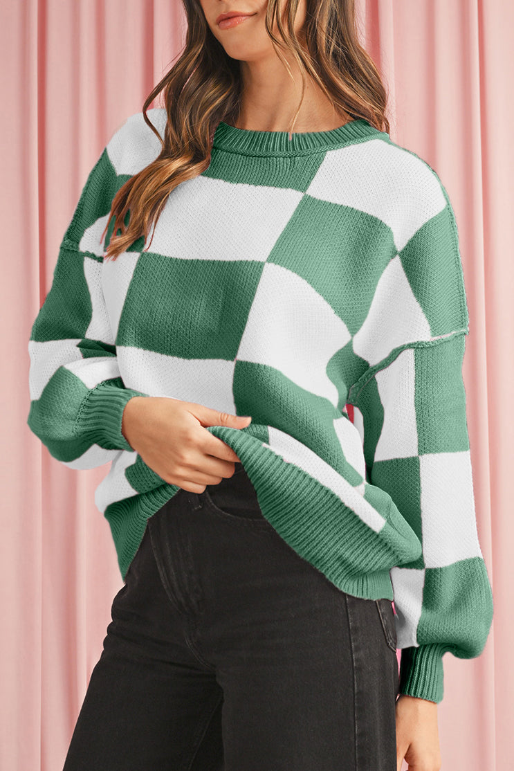 Dark Brown Plaid Bishop Sleeve Pullover Sweater