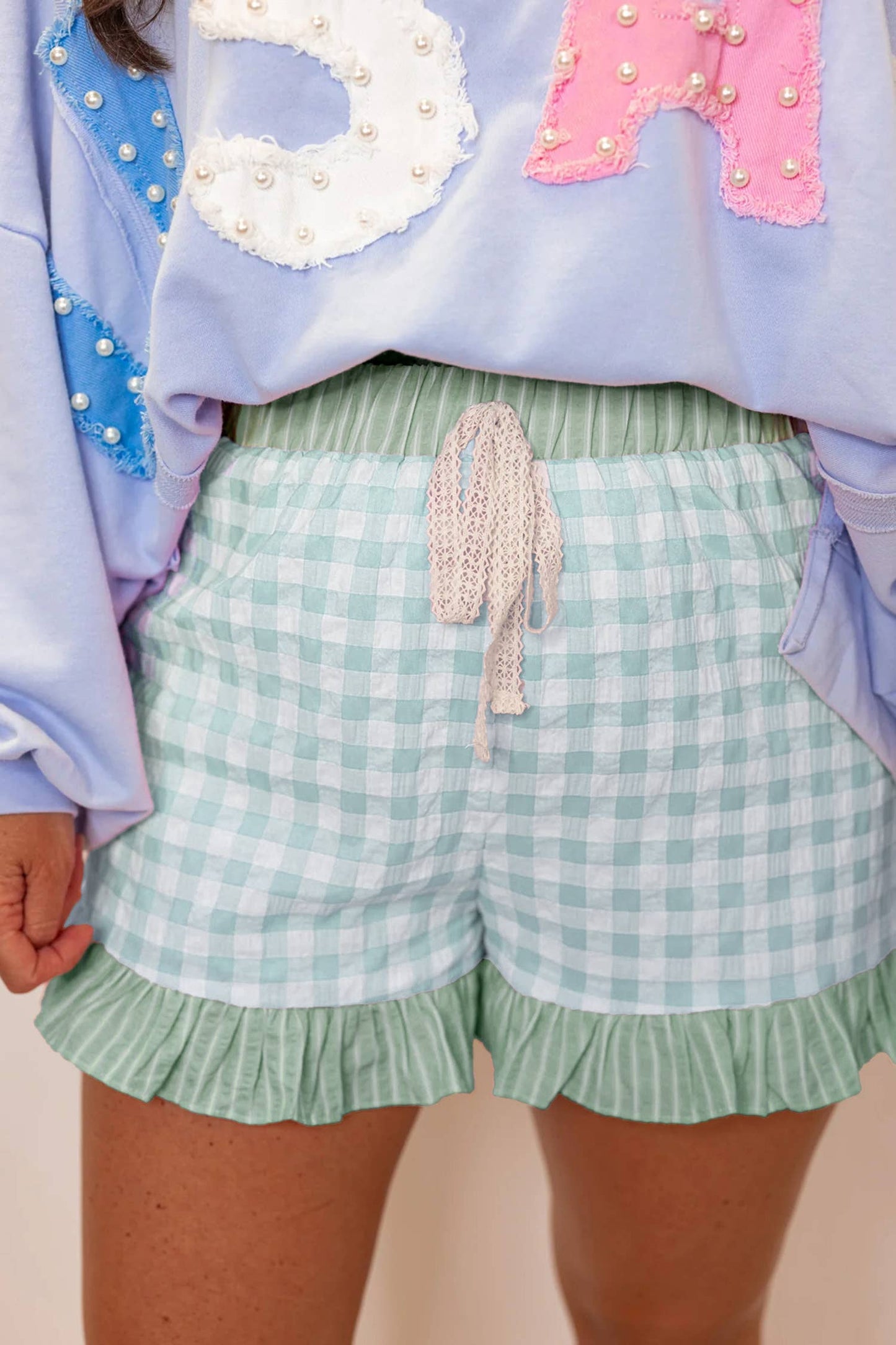 66 Plus Plaid Checkered Gingham Print Ruffled Shorts (S-4X)