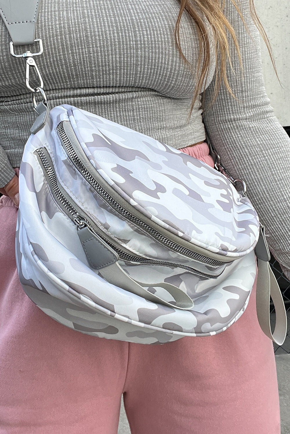 Light Grey Camouflage Print Double Zipper Crossbody Bag