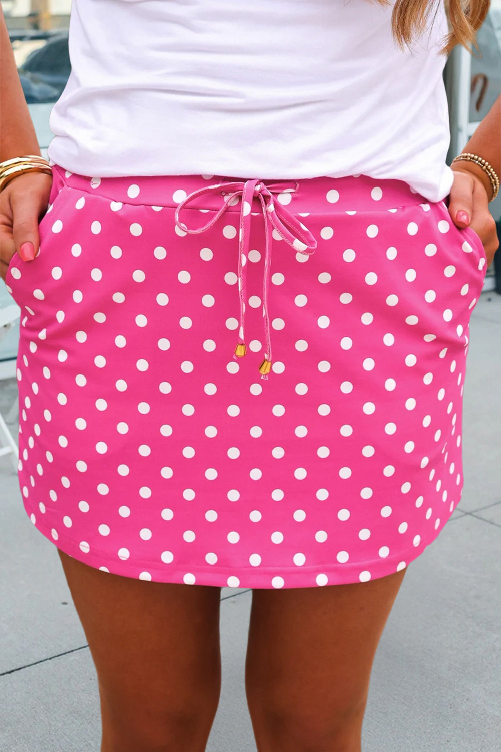 Spring/Summer Polka Dot Drawstring Skort with Pockets (S-XL)