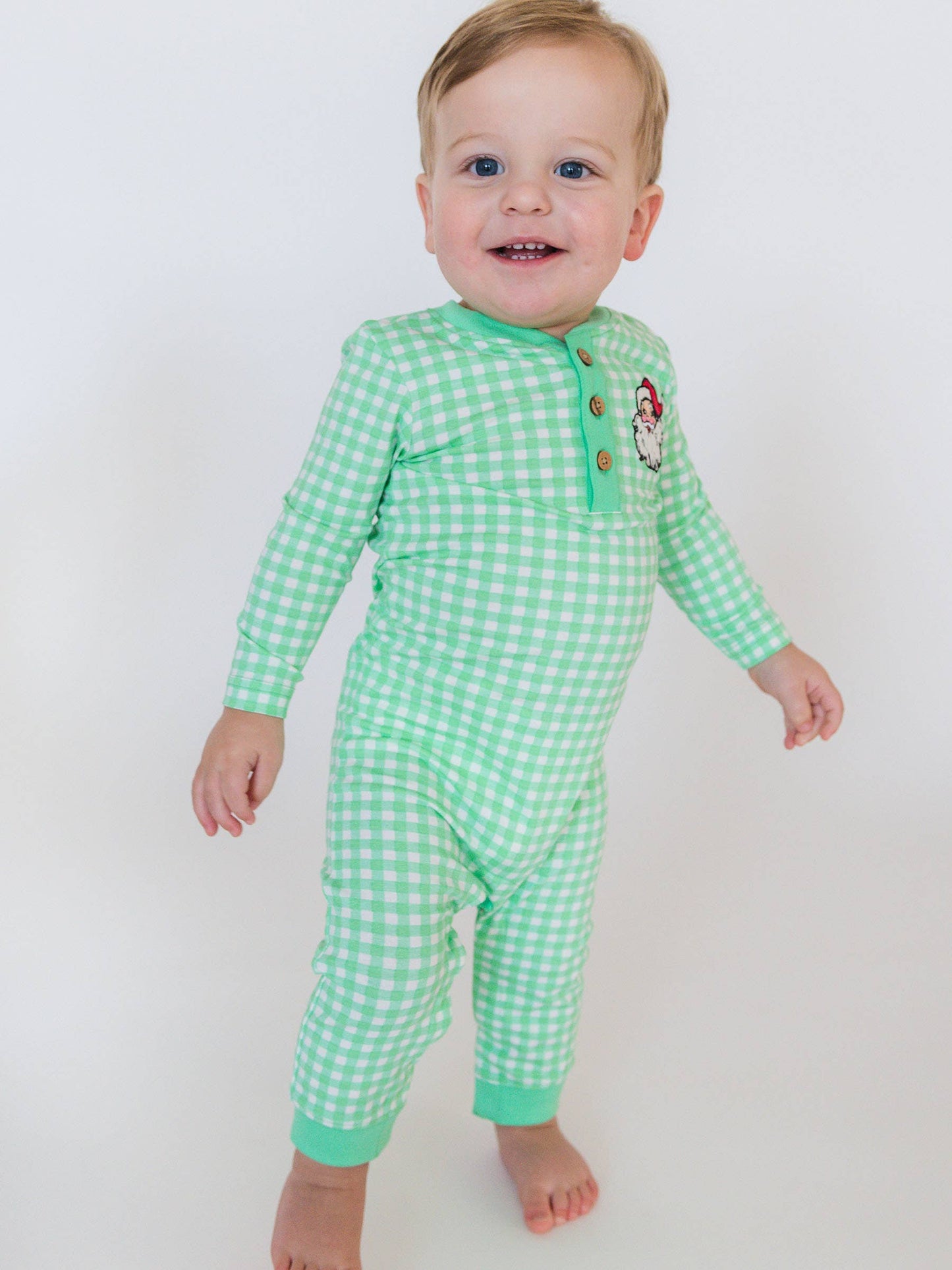 Baby Boys Dear Santa Green Gingham Knit Embroidered Henley Romper