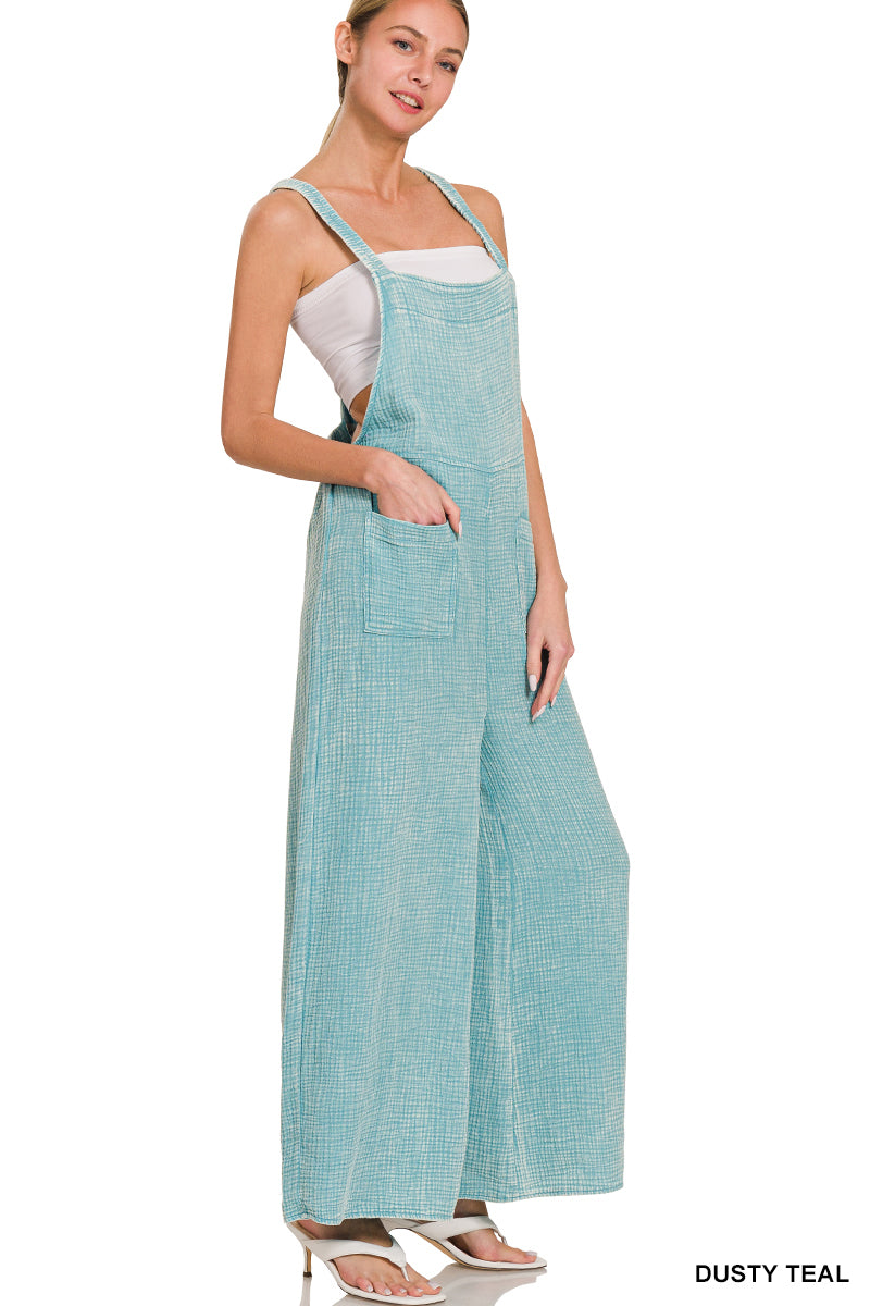 Gauze Elastic Waist Wide Overalls