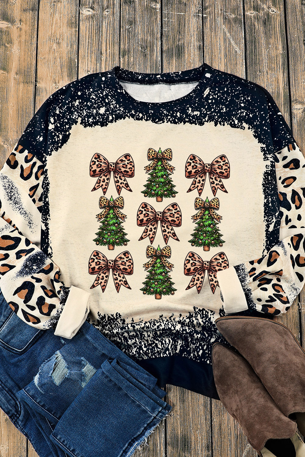 Black Leopard Bow Christmas Tree Heat Transfer Printing Tie Dye Bleached Baggy Sweatshirt