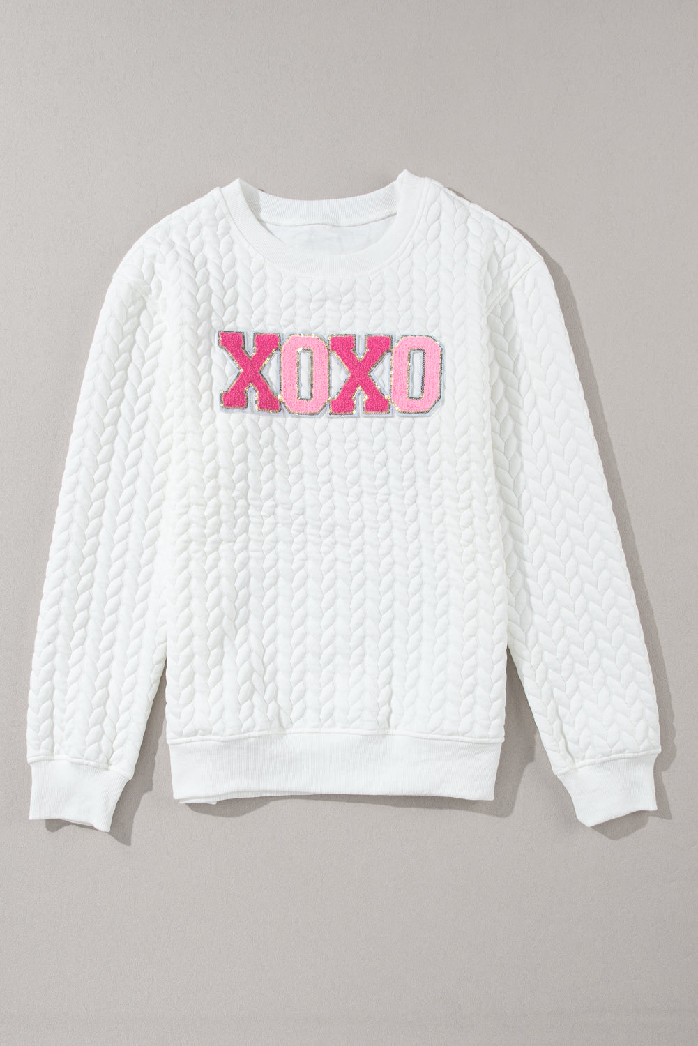 White XOXO Chenille Letter Patch Quilted Sweatshirt
