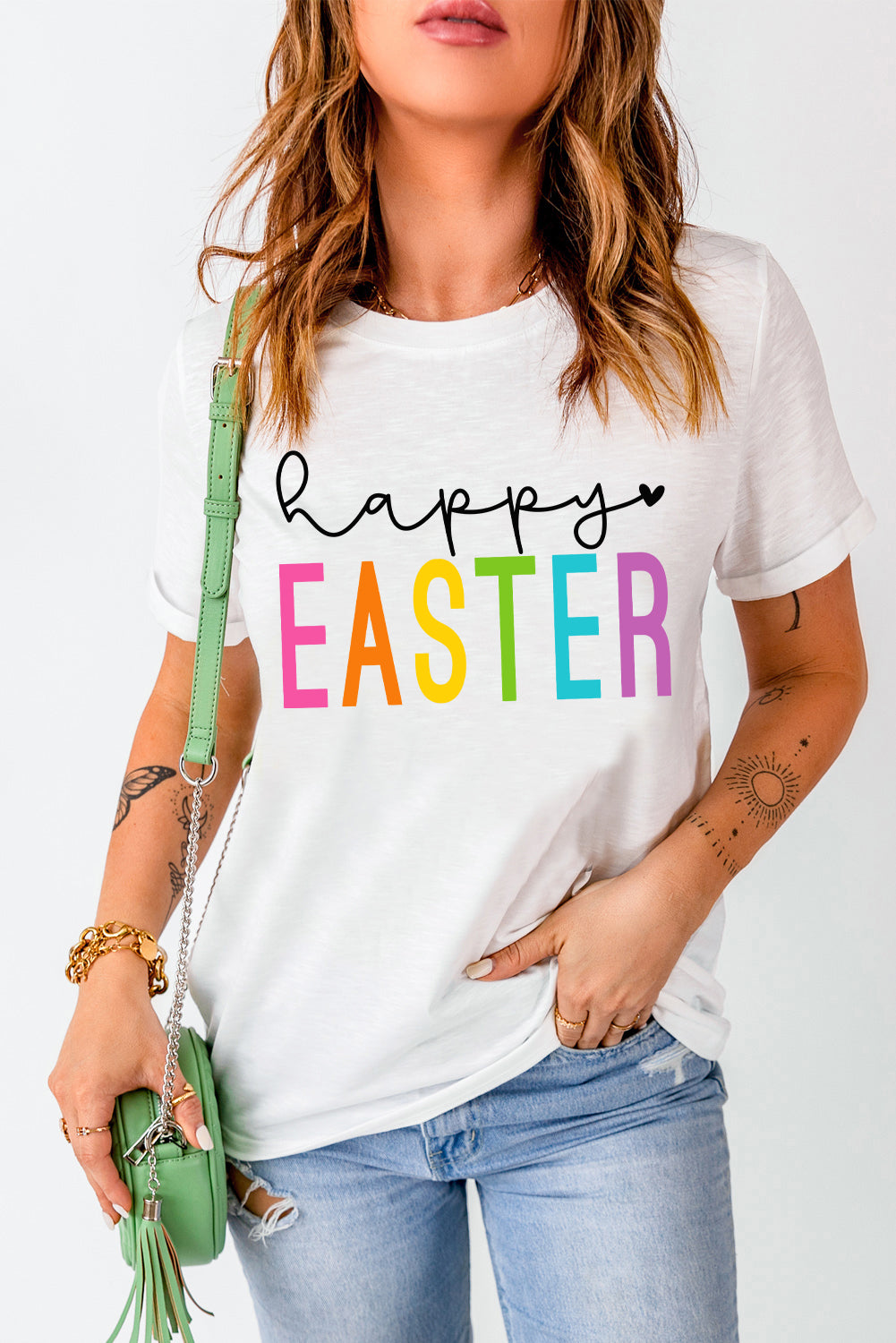 White Happy EASTER Letter Graphic Round Neck Tee