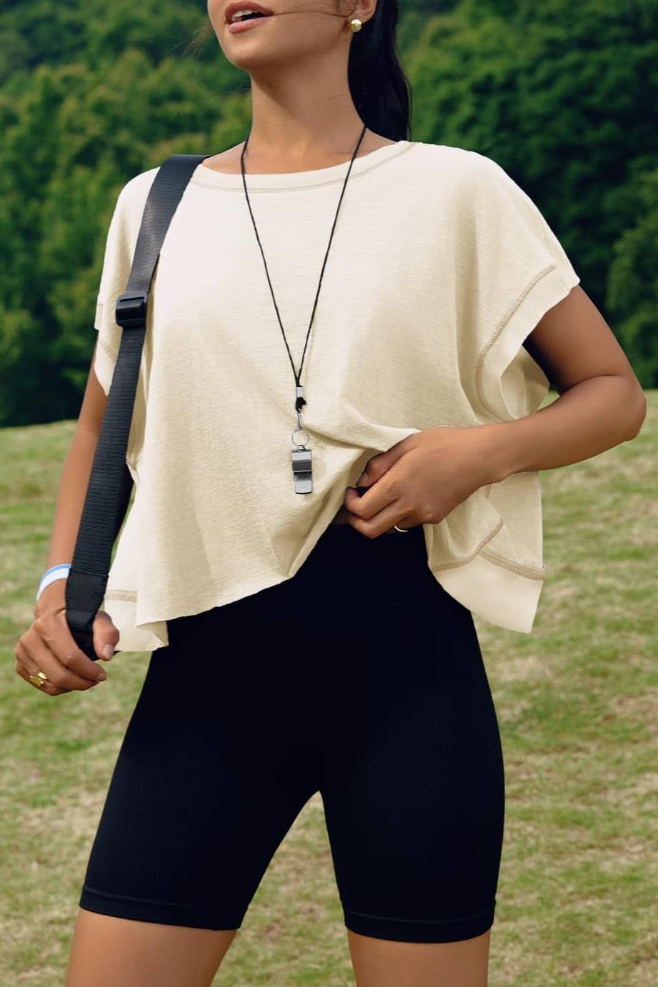 Slouchy wrapped cutout back short sleeve workout tee top