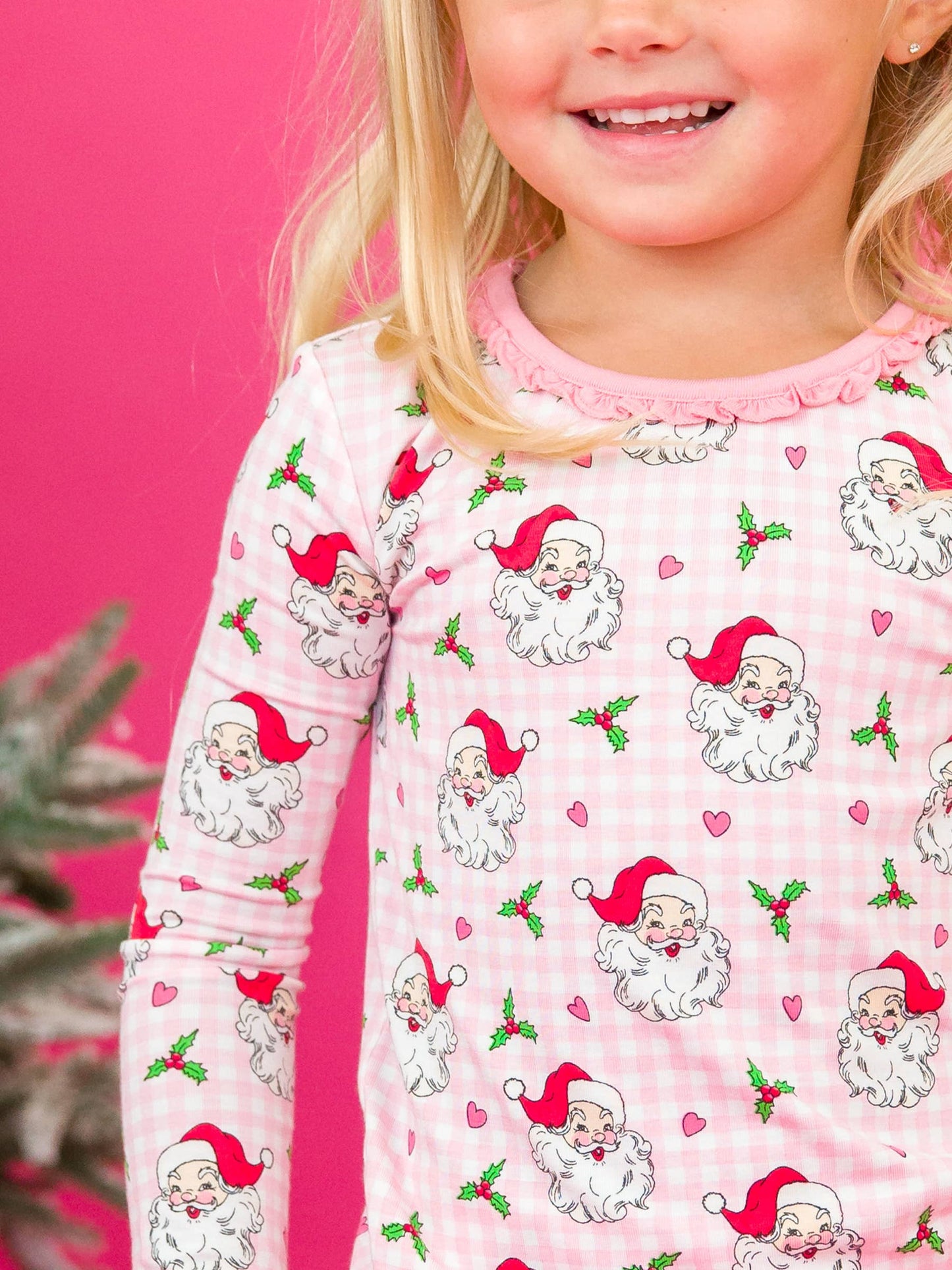 SoftSnooze™ Girls Bamboo Viscose Pink Dear Santa Ruffle Long Sleeve Pajama Set