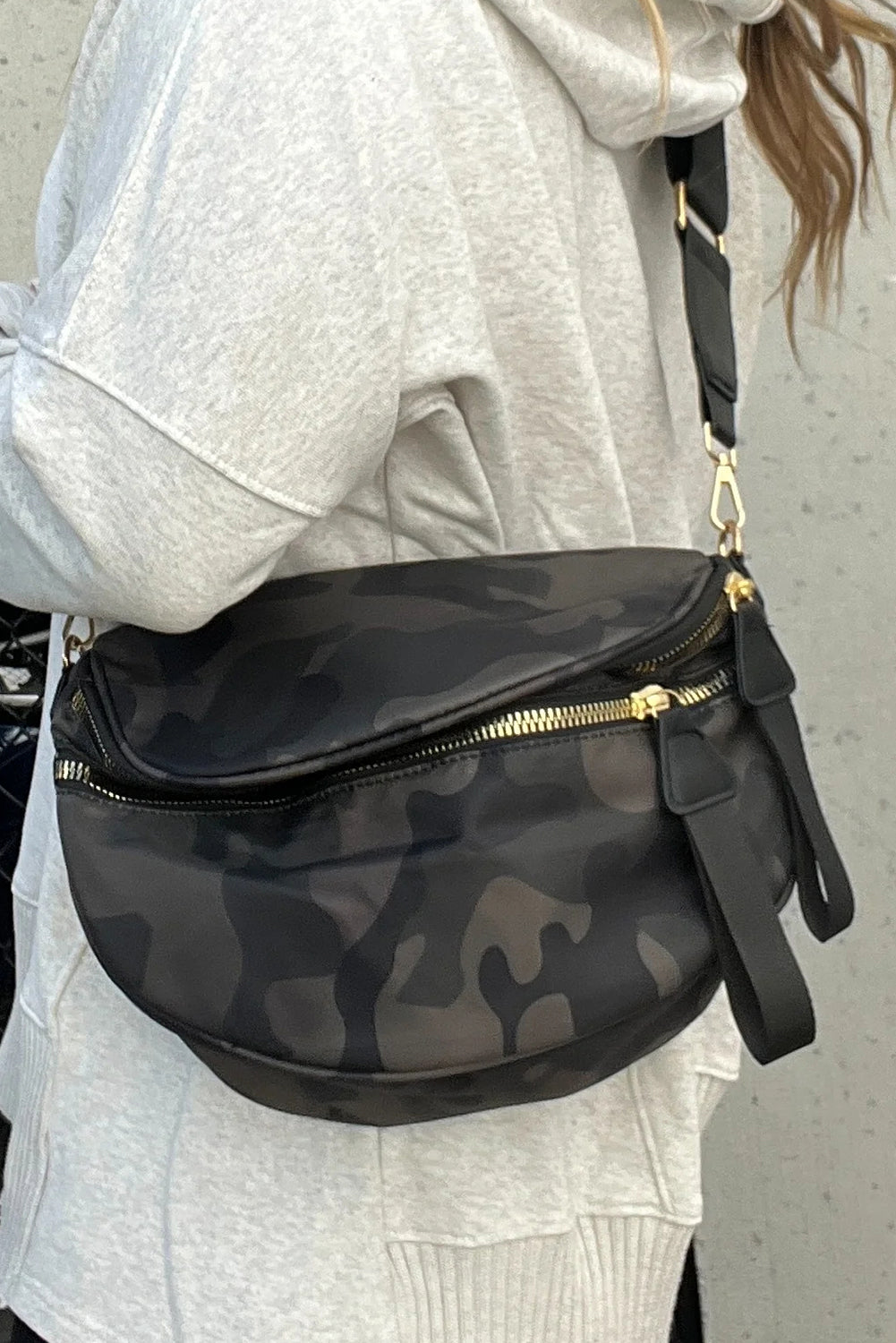 Light Grey Camouflage Print Double Zipper Crossbody Bag