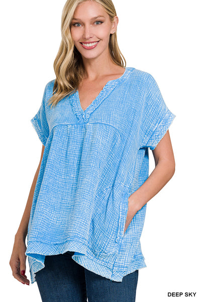 WASHED DOUBLE GAUZE RAW EDGE SHORT SLEEVE V-NECK SHIRT
